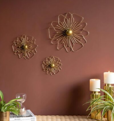 MAXXINN Handcrafted Gold Finish Metal Wall Art Set of 3 | Elegant Leaf Design Wall Decor for Home & Office