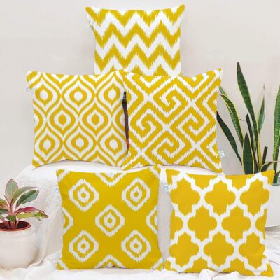 STITCHNEST Set of 5 Polycotton Cushion Covers – 16x16 Inches – Yellow & White Ikat Geometric Print – Elegant Cushion Covers for Sofa & Living Room Decor