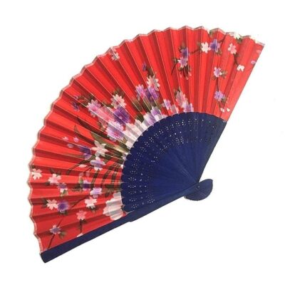 Sage Square Set, Floral Handheld Folding Chinese Fan Vintage Era Touch, Fabric Folding Fan for Wedding Dancing Party, Decorations,Birthday Party, Photo Booth (Red, Pack of 1)