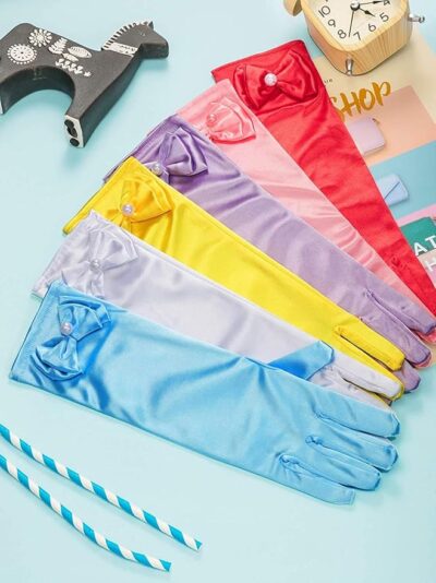 Fancy Dress Wale Girls Satin Long Gloves for Princess Dress Up Party With Bows