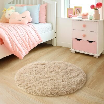 Shaggy Round Plush Area Rug – 2x2 ft Beige