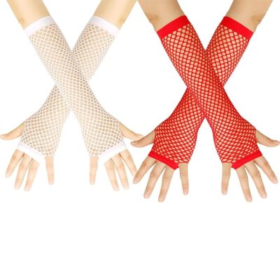 2 Pairs Black Gloves for Women, Net Glove for Women Lace Gloves, Elegant Fingerless Gloves for Wedding, Cosplay and Fashion, Made of Nylon, Red and White