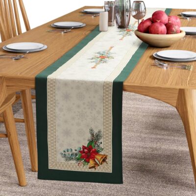 Table Runner 100% Cotton Linen - Spring Collection - Screen Print Double Layer - Elegant Boho Vintage Floral Farmhouse Decor - Dining Living Room Kitchen - 72 inch 4 - 6 Seater - Moss Green
