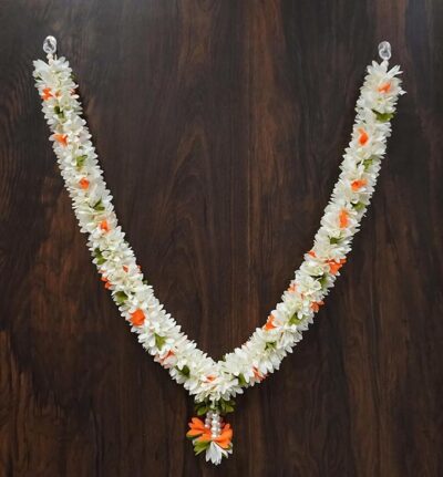 SHRI MATAJI Store Pooja Accessories (Size: 22 Inch) Cloth Vega Fabric Washable Handmade Artificial Garland Flower Mala for Photo Frame & God Idols (White Mixed 22Inches) Vega