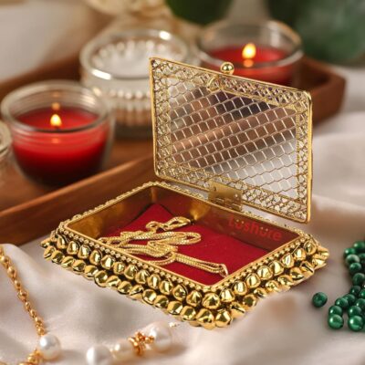 Metal Mesh Multipurpose Chain Earring Anklet Holder Box - Gold Finish | Rectangular | Gift Box Case for Wedding Engagment Valentine's Day