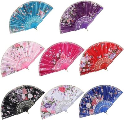 Floral Folding Hand Fan Handheld Lace Folding Fan with Different Flower Patterns Fabric Folding Fan for Wedding Dancing Party (Color Random Selected with Chinese Rose) Pack of 1