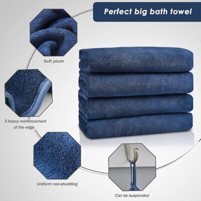 Microfiber Towels for Bath Large Size-Super Soft Coral Fleece Bathing Towel with Hook Quick Dry Super Absorbent-Bath Towel for Men and Women-70x140 cm (Dark Blue, Pack of 1)