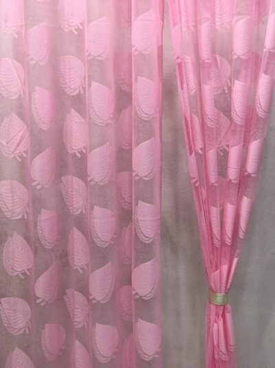 Galaxy Home Decor Polyester Leaf Design Sheer Transparent Net Curtains for Door (7 Feet, Pink) Pack of 2