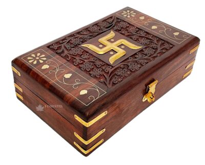 Wooden Carved OM Box| Rosewood Jewellery Box| Kit| Vanity| Organiser For Women, Storage, Gold, Cash, Money, Good Luck| Shagun Gift| Pooja Temple Samagri| Vastu (8x5 Inches, Tombs)