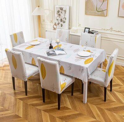 House of Quirk Dining Table Cover Waterproof for Kitchen Dining, Polyester Table Cloth Dust and Oil Repellent, Kitchen Décor (140x180cm, Yellow Autumn, 1 Table Cover + 4 Chair Cover), rectangular