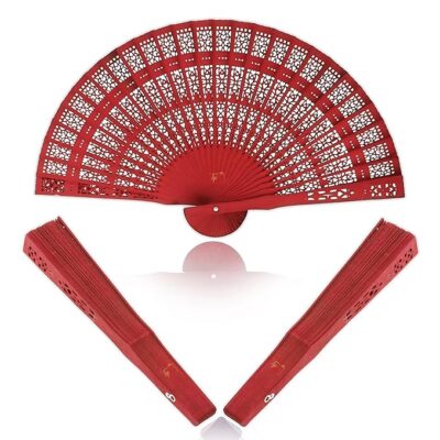 Premium Traditional Dyed Folding Wooden Handheld Fan (Imperial Red, Pack Of 1)