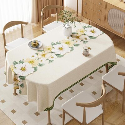 4 to 6 Seaters PVC Dining Tablecloth Cover Waterproof Oil-Resistant Kitchen Rectangular Table Cloth with Clear Flower Printing Texture -140 * 180 cm (Camellia-Beige)