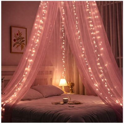 Pink Canopy Decoration Net Cloth (5m) with Lights – Bedroom & Event Decor