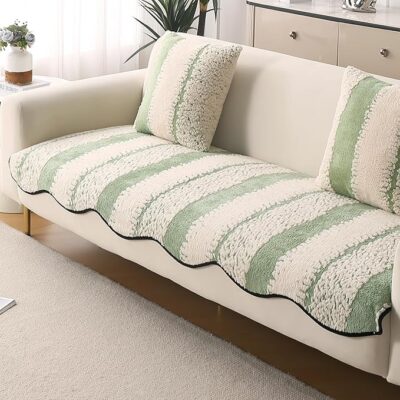 HOKIPO Luxury Wavy Anti Slip Plush Sofa Cover Mat | Make Your Own Sofa Cover Set, Mat Length 90(D) x 170(L) cm, Pistachio Green (AR-5984-GRN)
