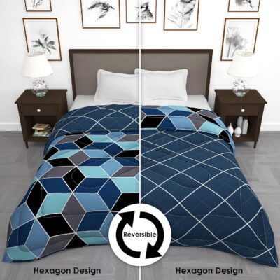 Story @ Home Double Bed Comforter | Microfiber Blankets for Winter Double Bed | 180GSM 220x250 cm | Navy Blue & Blue Hexagon Pattern | Bedding Blanket for Winter Double Size | Dohar | Quilt | Duvet