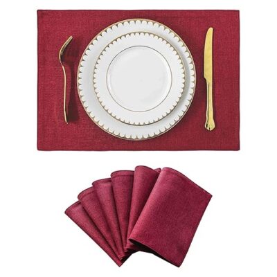Fine Linen Dining Mat in Wine Red | Washable, Non-Slip Heat-Resistant Coaster for Kitchen & Home | Premium Polyester Fabric 33x48cm | Table Mat with Anti-Stain Heat Protection and Durability