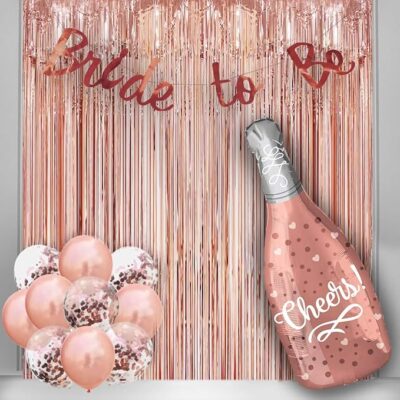 Rozi Decoration Bride to Be Combo Rose Gold Set Includes Banner, Balloons Foil Fringe Curtain Bridal Shower, Bride Groom Family- Pack of 14 Piece