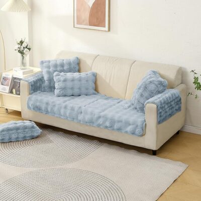 HOKIPO 'Fur Hug' Premium Faux Rabbit Fur Anti Slip Sofa Cover Mat with 2 Armrest Cover, 1 Seater, Charm Blue (AR-5010-BL + AR-5149-BL*2)