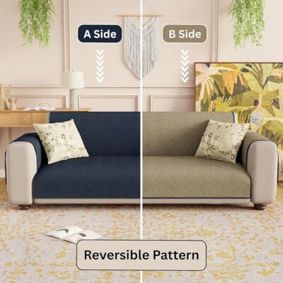 Lukzer 3Seater Reversible Quilted Sofa Mat - Aqua Weave Pattern | Blue | 250 GSM Polyester Sofa Runner with Arms & Deep Storage Pocket | Machine Washable Sofa Cover with Elastic Belt (SC-215-03)