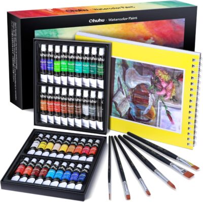 Ohuhu 36-Color Watercolour Paint Set with 6 Brushes | 12ml Tubes | Non-Toxic Artist Kit