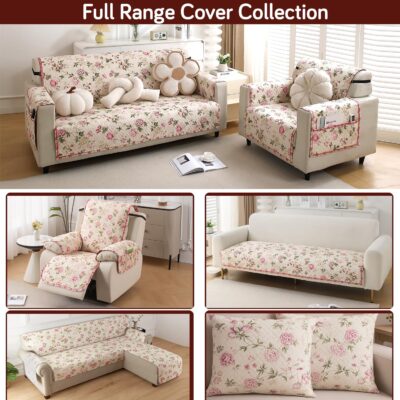 HOKIPO 'Home Hues Series' Printed Quilted Sofa Cover Mats for 1/2/3 Seater Sofa and L Shape. Make Your Own Sofa Cover Set, Mat Length 90(D) x 170(L) cm, Beige Peonies (IN-809-D3)