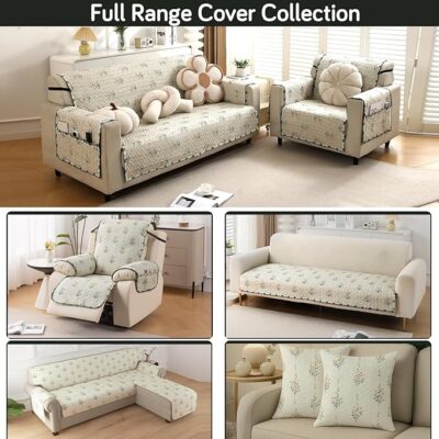 HOKIPO 'Home Hues Series' Printed Quilted Sofa Seat Mat for 1 Seater Sofa with 2 Armrest Covers with Pockets, Light Green Ash Gypsy Flower (IN-806-D5 + IN-814-D5*2)