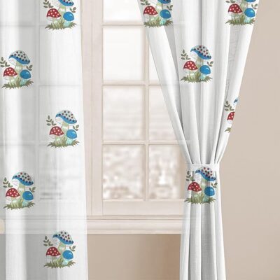 LINENWALAS Cotton Linen Printed Sheer Curtain Set of 2 Panels with Rod Pocket Hanging, Floral Printed Window Curtains Non Blackout Light Filtering Curtains (5 Feet x 4.5 Feet, Mushroom Carnival)