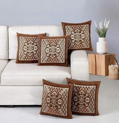 Nendle Jacquard Weaved Decorative Velvet Cushion Cover/Sofa Pillow Cover 500 TC Set Of 5 Pieces (Camel, 16X16 Inches)