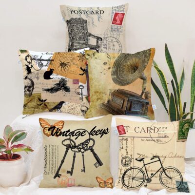 STITCHNEST Set of 5 Jute Cushion Covers – 16x16 Inches – Vintage Postcard & Retro Print Design – Artistic Cushion Covers for Sofa & Living Room Decor