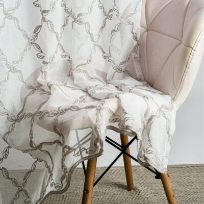 haus & kinder Embroidered Sheer Polyester Curtains for Door Set of 1, Serene Tendrils Curtains, 250 GSM, Nature Mist Design, Hangs with Eyelets, Sun Light Filtering 7 Feet Curtains