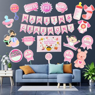 Party Decors - Naming Ceremony Paper Decoration Set, 19pcs (Pink) with Banner, Cutouts, Photo Props, Cake Topper