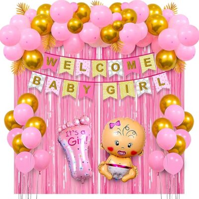 Party Propz Welcome Baby Girl Combo – 45 Pcs Set with Balloons, Banner, Foil Curtains | Ideal for Baby Welcome, Naming Ceremony, and Girl-Themed Home Setup