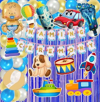 AGK Naming Ceremony Decoration Kit for Boy (Set of 58 Pcs) | Naming Ceremony Banner set With Cutout | Boy Shape Balloon | Feet Balloon | Bottle and Party Balloons
