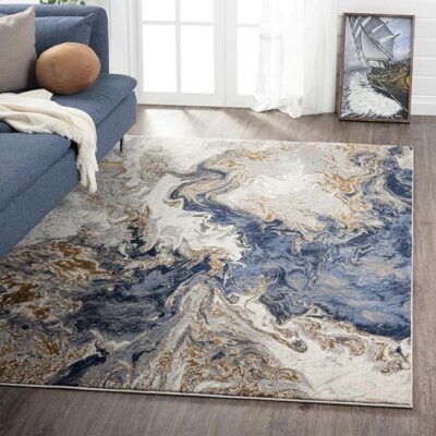 Ishro home Premium Carpets for Hall | Carpets for Living Room | Bedroom | Printed | Anti-Skid | Machine Washable (3X5Fts, Marble Swirl Blue)