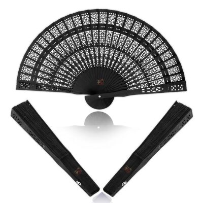 Premium Traditional Dyed Folding Wooden Handheld Fan (Coal Black, Pack Of 1)