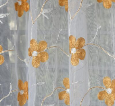 Embroidery Floral Net Transparent Sheer Curtain - 7X4 Feet, Door Curtains, Gold, Pack of 1 Pc