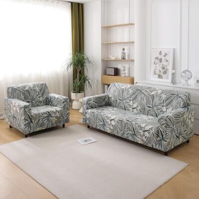 HOKIPO Polyester Blend 140 GSM Stretchable Sofa Cover For 2-Seater Sofa, Frost Grey Marginata (Ar-5128-D7)