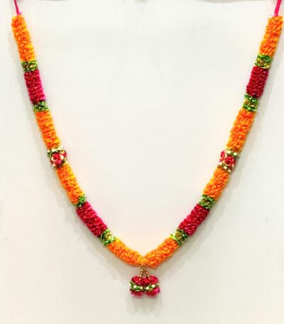 RJ SALES & PROMOTIONS Closely Knitted 23 Inches Red and Yellow Color of Satin Flowers Golden Tissue Lace Mala-Garland Maala for Idols, Photo Frames, Fancy Dress, Marriages Etc.