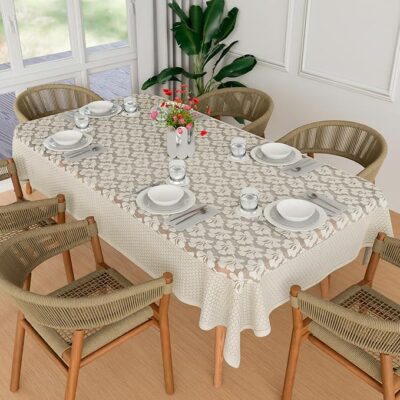 Kuber Industries Dining Table Cover | 60x90 Inch | 6-Seater Table Cover | Net Tabletop Cover | Hotels-Restaurants Table Cover | Dining Table Cloth | Plain Leonardo Flower Print | DTC | Cream