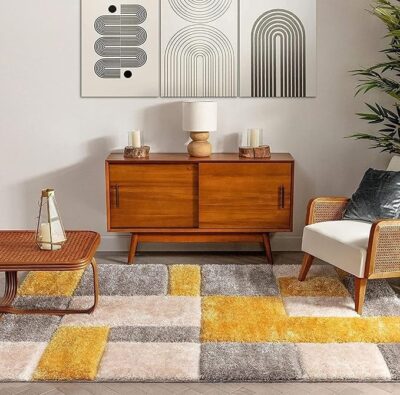 FRESH FROM LOOM Royal Heritage Edition Large 36x60 Inch Carpets For Home | Premium Shaggy Fur Rug Runner | Anti-Skid Bedroom Carpet |Premium Carpets For Living Area (3x5 Feet), Bricks Yellow Grey