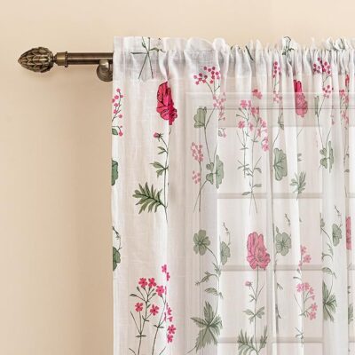 HOMEMONDE Light Filtering Curtain 5 Feet Window - Cotton Sheer Floral Printed Curtains for Home Decoration, Pack of 2 - (Top Style - Rod Pocket)