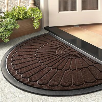 Semi-Circle Durable Rubber Non-Slip Front Door Mat for Outside Inside Entry Entryway | Dirt Trapper Welcome Mat for Muddy Paws and Shoes, Brown, 45x75 cm