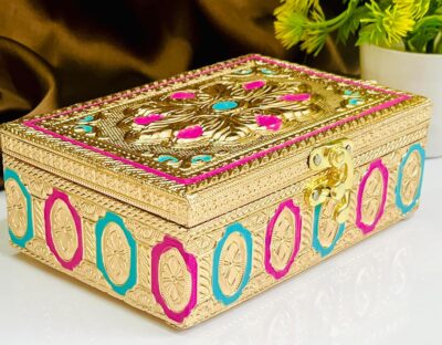 Trendifly Handmade Wooden Oxidised Jewellery Organizer Storage Box With Lock Medium Size | Wood Jewel Necklace Earrings Ring Multipurpose Organiser Box | Wedding Anniversary Pooja Return Gift Box