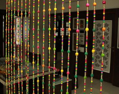 Beads Pinch Pleat Sheer Solid Curtain for Door Wooden Hanging String-6 Ft, Multi Color, 10-String