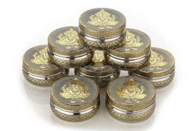 NAVRANG Stainless Steel Container Meenakari Storage Box Ganesh Ji Design Return Gifts Laddu Box (Pack Of 8, Golden)