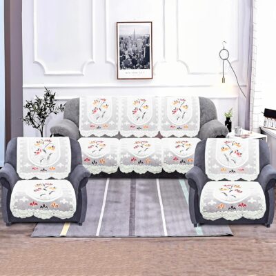 Kuber Industries Cotton Flower Print 5Seater Slip Sofa Cover Set Premium Cotton & Flower Print Pack of 6 (Cream)