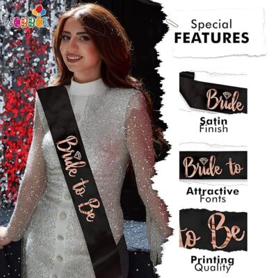 WOBBOX Bachelorette Party Sash for Bride & Groom, Bride to Be Sash, Bridal Shower Sash, Team Bride Sash, Bachelorette Party Decoration Items- Black Rose Gold Foil Big Text Bride to be