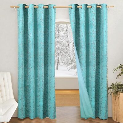 Solimo Polyester 75% Blackout Velvet Foil Window Curtains|75% Darkening| Blackout Door Curtains| 5 Feet |Set of 2| Leaf Print Design | for Living Room Kids Room and Bedroom | Color-Blue| Light-Filtering