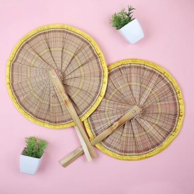 NM Handcrafted Woven Bamboo Round Shape Folding Hand Fan for Summer - (Gold) Pack of 2