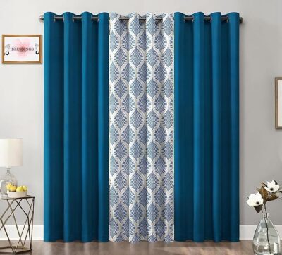 Blessings Room Darkening Door Readymade Curtains 7 Feet Long Set of 3 Pieces | 1 Leaf Print 2 Solid Plain Panel Eyelet Drapes with Grommet for Living Room, Bedroom, Office Home Décor – 7ft x 4ft, Blue